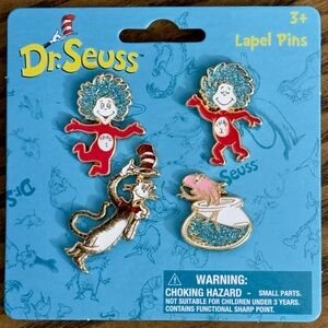 Dr. Seuss Cat in the Hat Thing 1 Thing 2 Red and Blue Enamel Lapel Pins Set